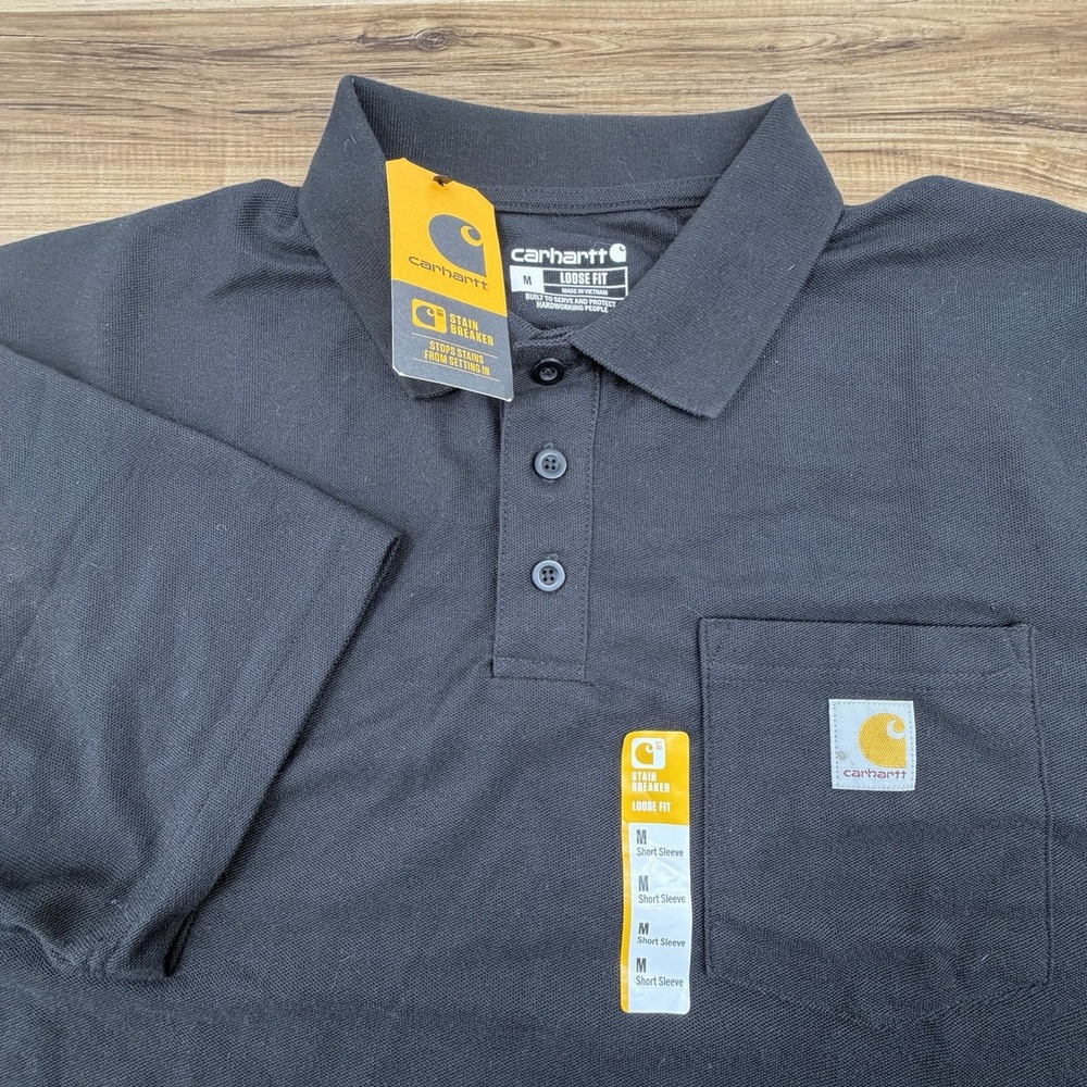 CARHARTT MEN'S LOOSE FIT MIDWEIGHT S/S POLO SHIRT IN CARBON Black SIZE MEDIUM